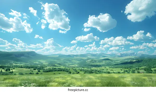 Green rolling hills under a blue sky with white clouds