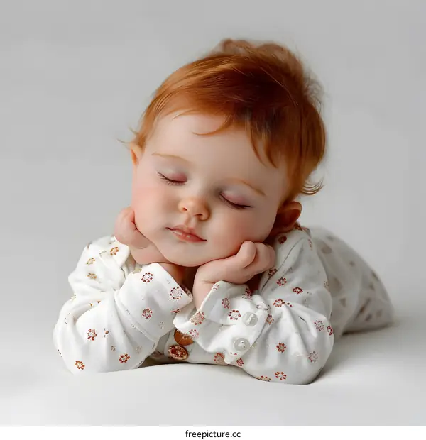 Sleeping Redhead Baby Girl in White Clothes