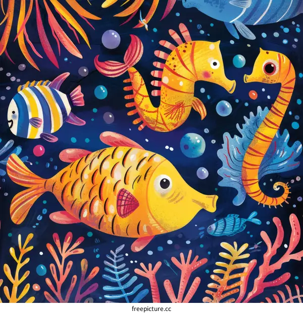 Underwater Scene with Various Fish and Seahorses
