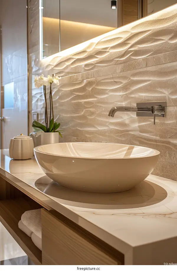 Modern Luxury Bathroom Vanity with Wave Pattern Tiles
