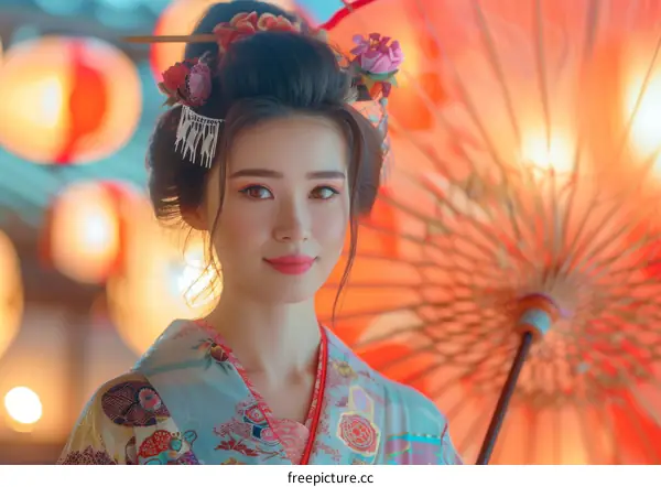 portrait of a beautiful asian woman in traditional japanese clothing