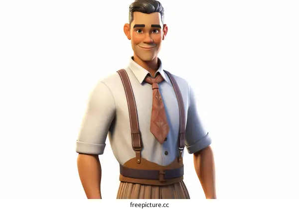 A 3D rendering of a man wearing a white shirt and brown suspenders