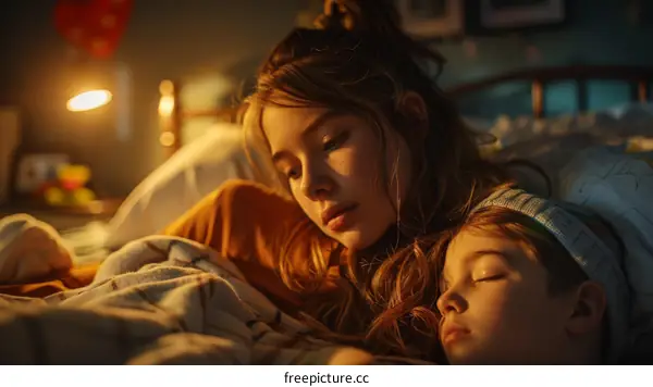 Two sisters lying on a bed, the younger one sleeping and the older one looking at her