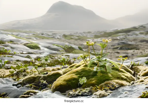 Closeup of Green Moss and Flowers on a Rocky Mountain Landscape