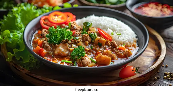 Delicious Spicy Chicken Curry With Rice And Vegetables