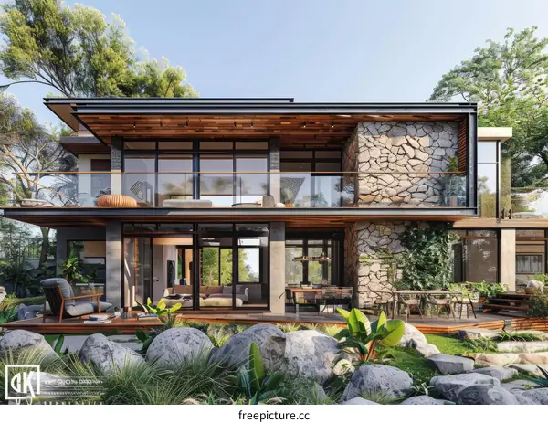 Modern Home Exterior Boasting Natural Stone and Wood