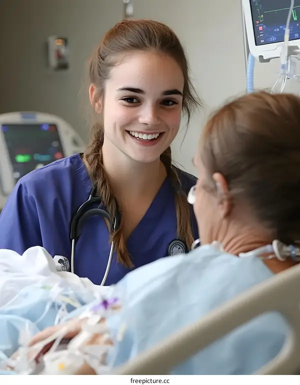 Smiling Nurse Talks To Patient In Hospital Bed