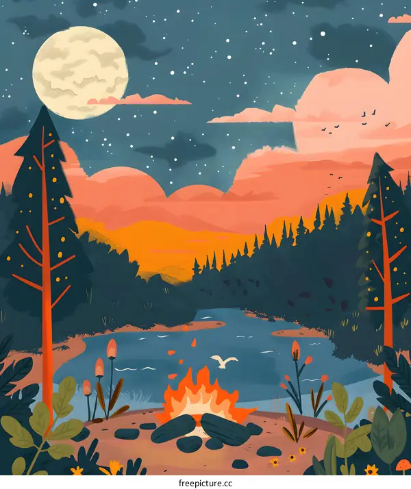 Campfire by the Lake Under a Starry Sky