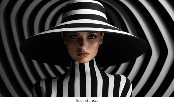 portrait of a woman wearing a black and white striped hat and bodysuit