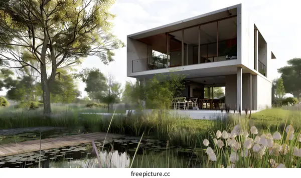 Modern House With a Pond and Grass