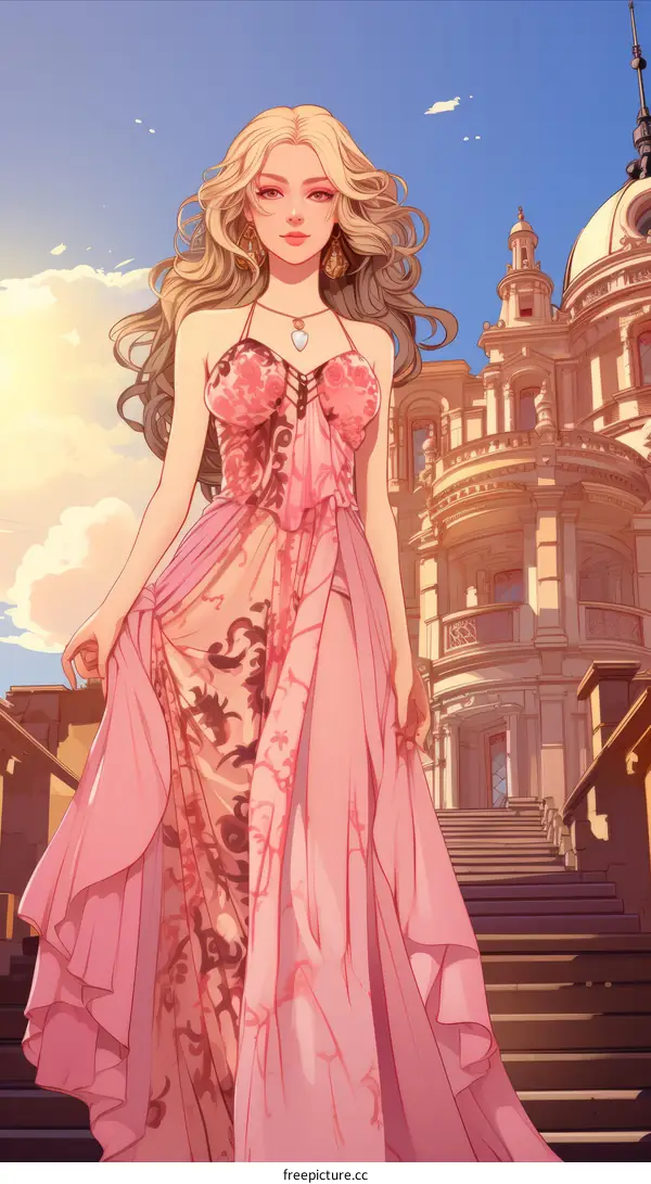 A woman in a pink dress is walking down a grand staircase.