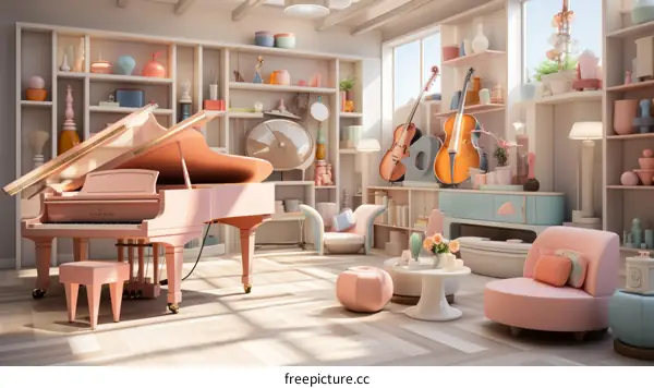 Pink and White Themed Living Room With Piano
