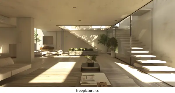 Minimalist Modern Interior Design With Concrete Stairs and Sunlight