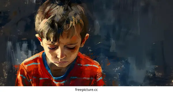 Portrait of a boy with a sad expression on his face