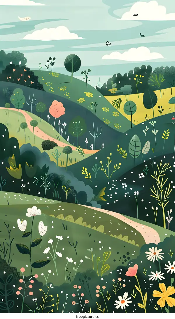 Green Hills Landscape With Winding Path And Flowers