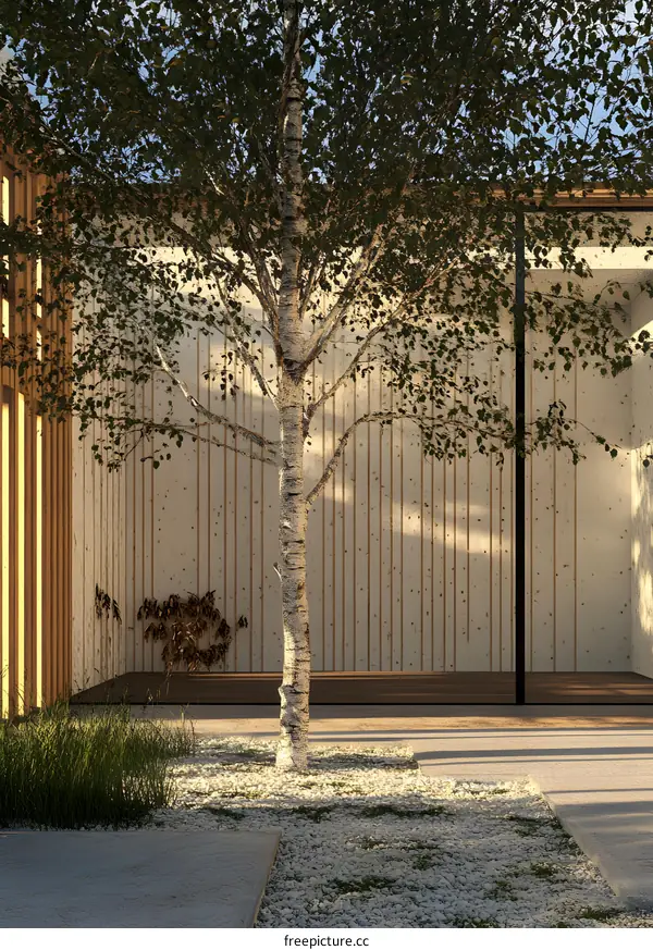 Modern Minimalist Patio Design with Birch Tree and Stone Ground