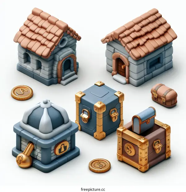 A set of 3D rendered cartoon buildings and treasure chests