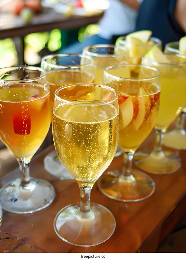 Closeup of Glasses Filled with Sparkling Yellow Cider