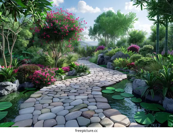 Stone Path Winding Through a Lush Tropical Garden with a Pond