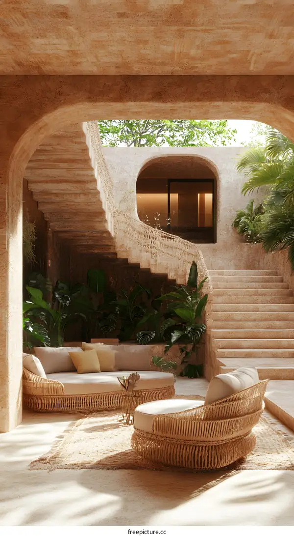 Modern Interior Design With Wicker Furniture and Palm Trees