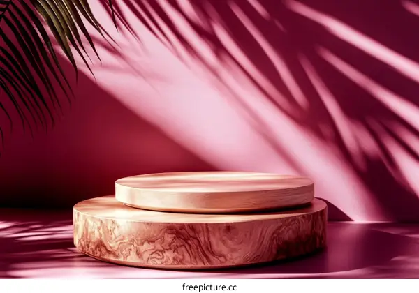 Wooden Display Stand with Pink Background and Palm Leaf Shadow