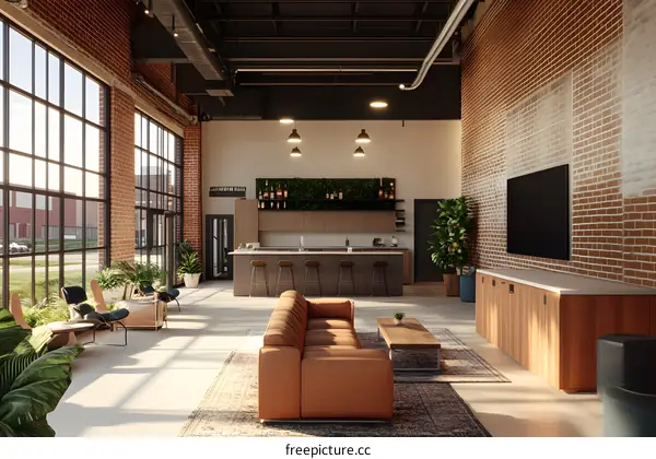 Modern Loft Style Living Room with Brick Wall and Large Windows
