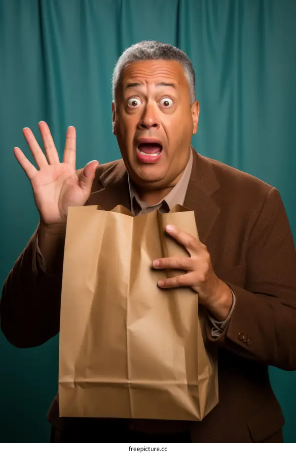 Surprised Man Looking Inside a Grocery Bag