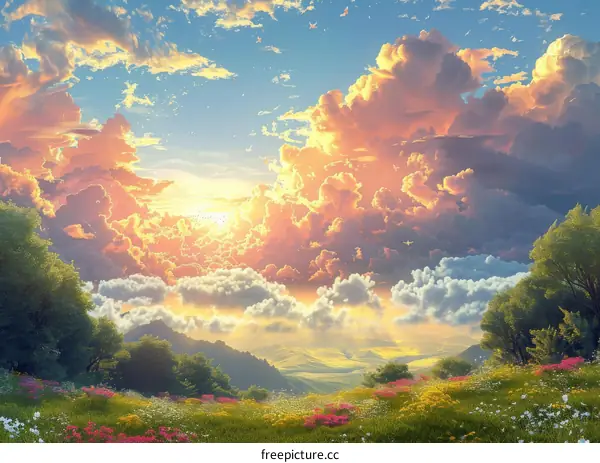 Beautiful Sunset Over a Flower Field