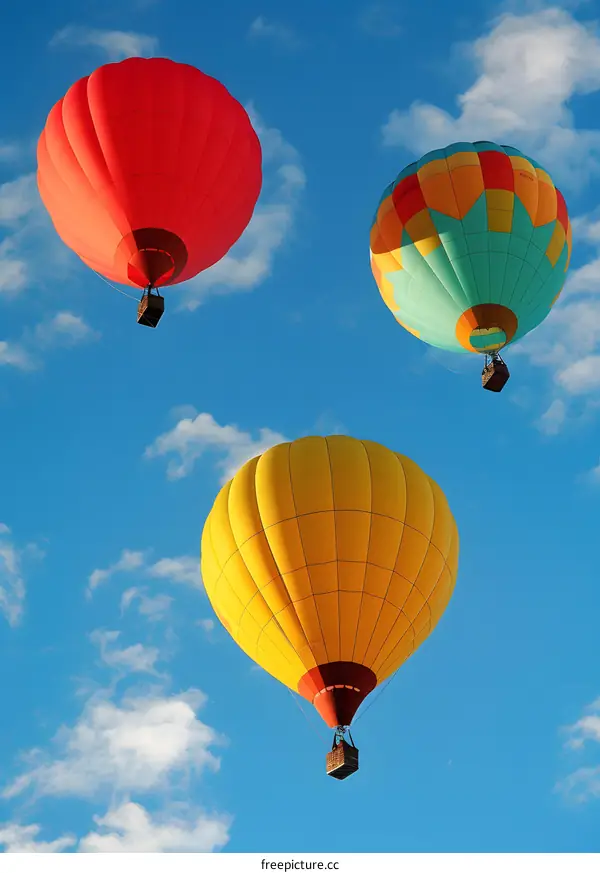 Three Colorful Hot Air Balloons Floating In The Sky