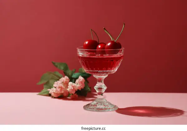 Elegant Cherry Cocktail Glass on a Pink Background