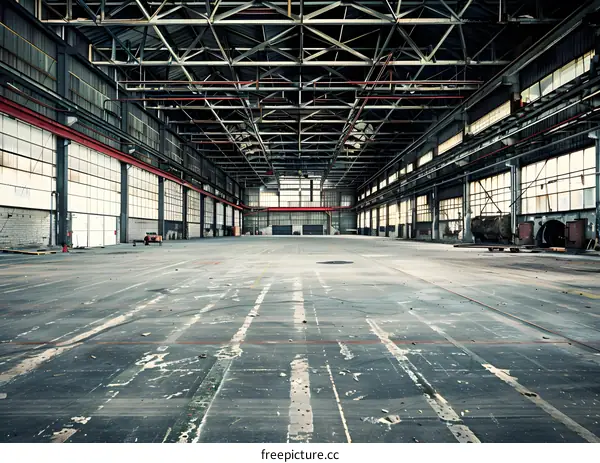 Abandoned Industrial Warehouse Interior with Steel Beams and Concrete Floor