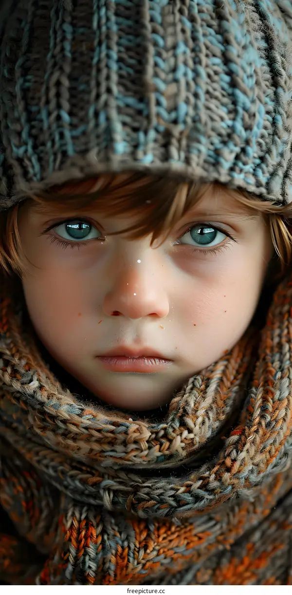 portrait of a boy in a brown and blue beanie