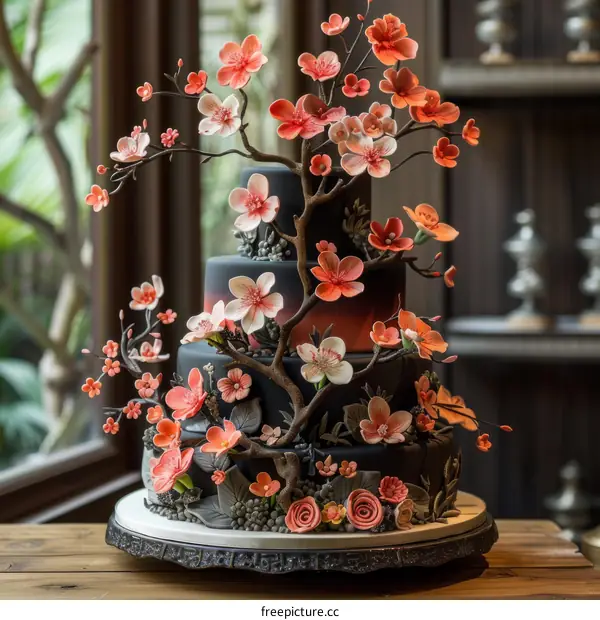 A Gothic Black Wedding Cake Decorated with Pink Blossoms and Cherry Branches