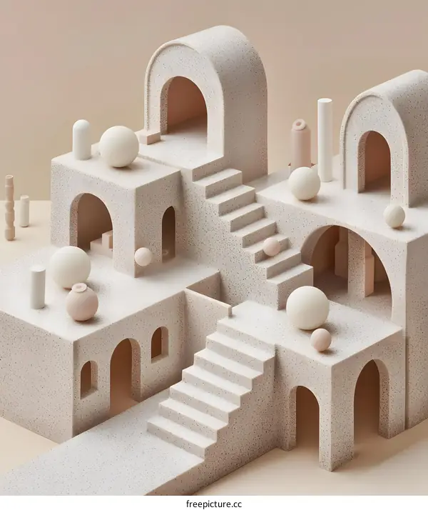 Abstract Architecture with Arched Doors and Stairs