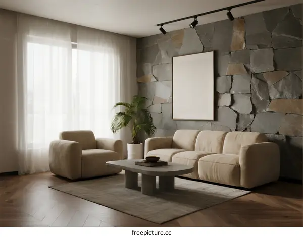 Modern Living Room with Stone Accent Wall and Comfortable Furniture