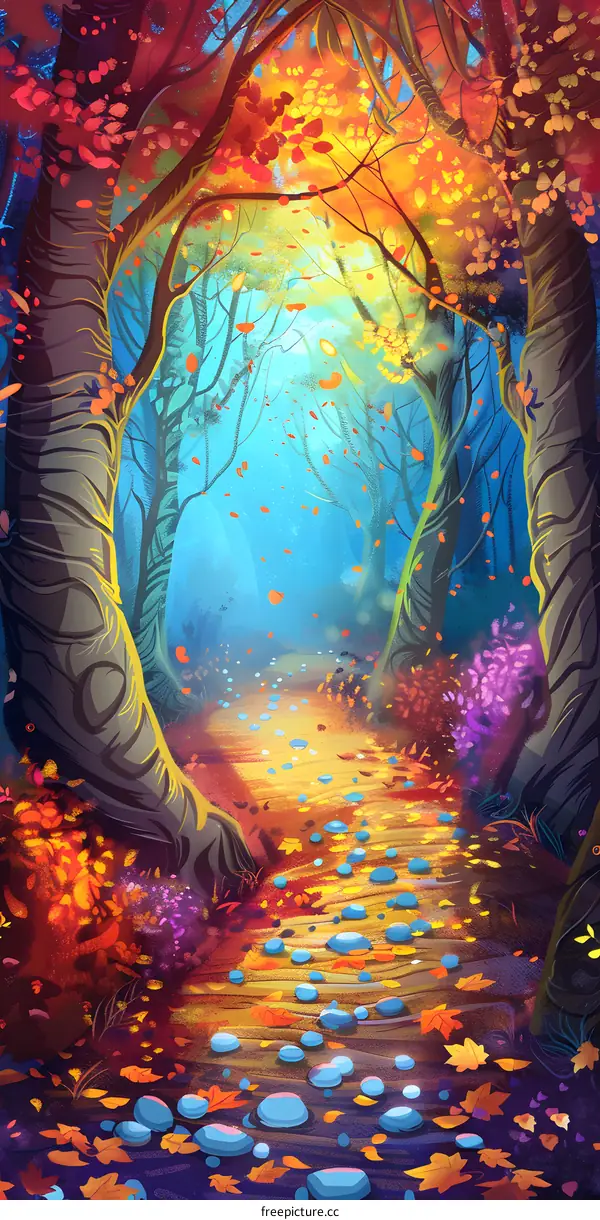 Colorful Autumn Forest Path With Blue Stones