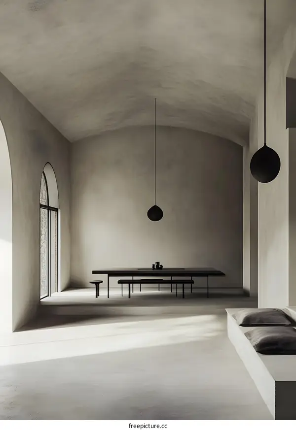 Minimalist Interior Design With Arched Windows and Black Pendant Lights