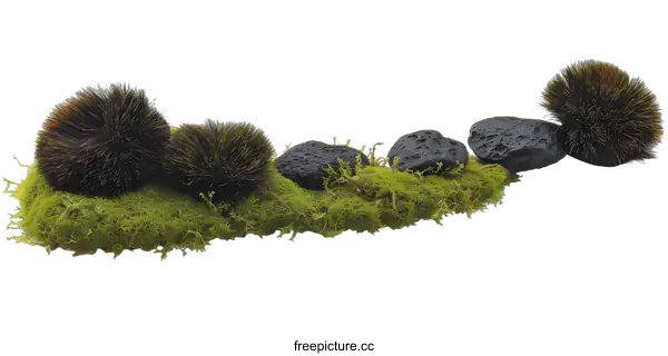 [Transparent Background PNG]Green Moss with Black Rocks and Black Furry Balls