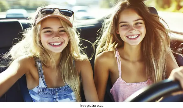 Two Caucasian Teen Girls Enjoying a Car Trip