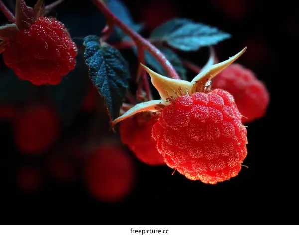 Closeup of Fresh Raspberries on Vine