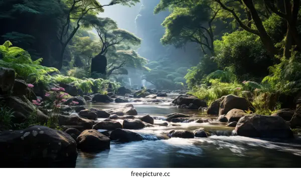 The Gushing River Through the Lush Green Forest
