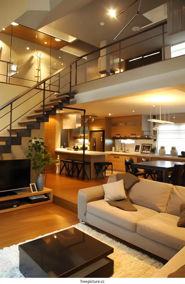 Modern Living Room Interior Design With Staircase And Kitchen