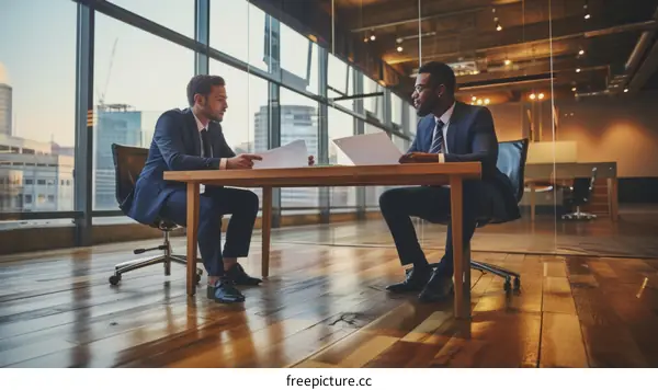 Two businessmen in suits are sitting at a table in an office space discussing documents