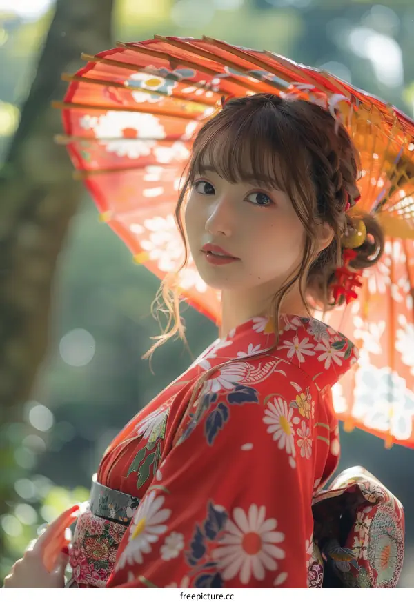 Asian Woman in Traditional Japanese Kimono Under Red Umbrella