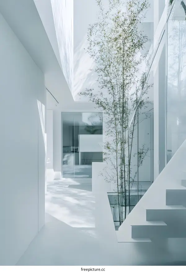 Modern Minimalist Interior Design with Bamboo Plant in White Room