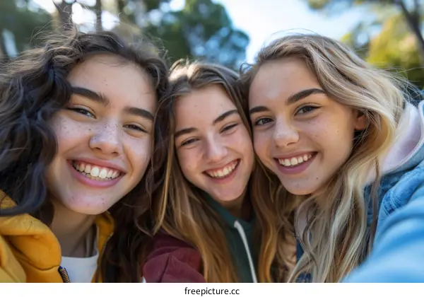 Three young caucasian women smiling and taking a selfie together outdoors