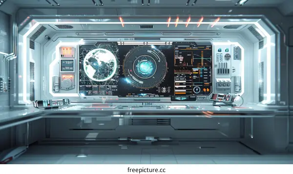 Futuristic spaceship control room interior