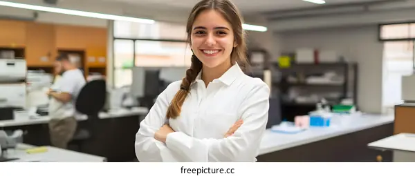 Young Caucasian Woman Smiling in a Modern Office
