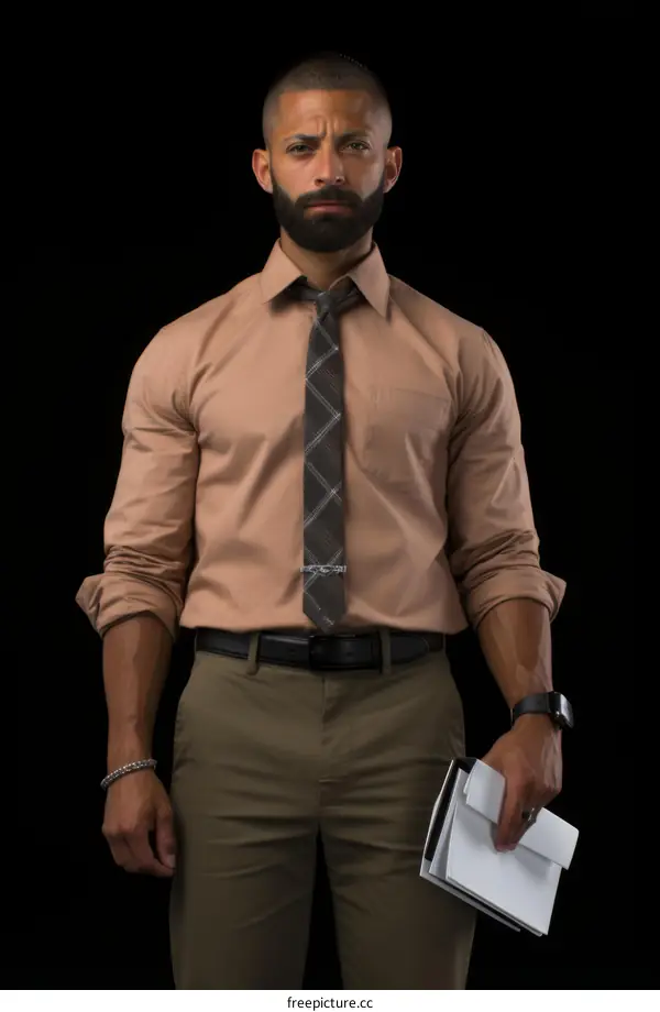 Man in brown shirt and khaki pants holding a folder