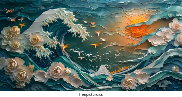 Paper Art of Great Wave and Sun